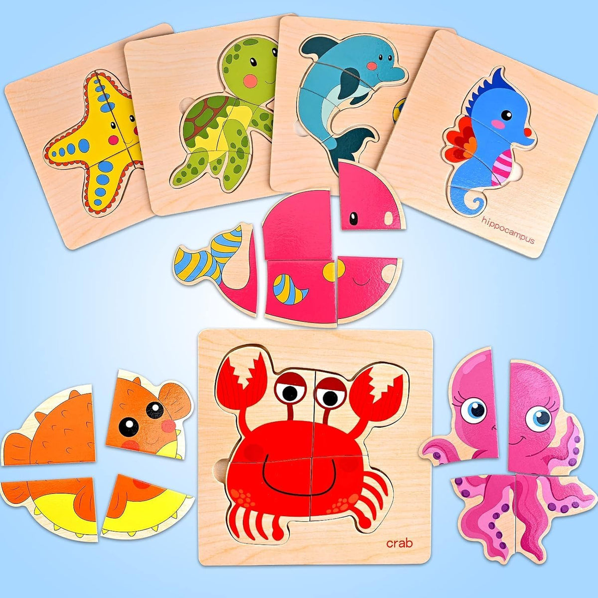 8pcs Wooden Puzzles for Toddlers 1-3, Toddler Puzzles Ages 2-4 – Fun for Kids & Family - Marine Animals - image 3
