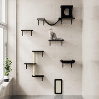 NUNU LAB Wall Mounted Cat Furniture, 6 Pcs Cat Wall Shelves with Condo House, Bridge, Steps, Scratcher, Hammock, Indoor Safe & Stable Furniture for Kittens Play, Black
