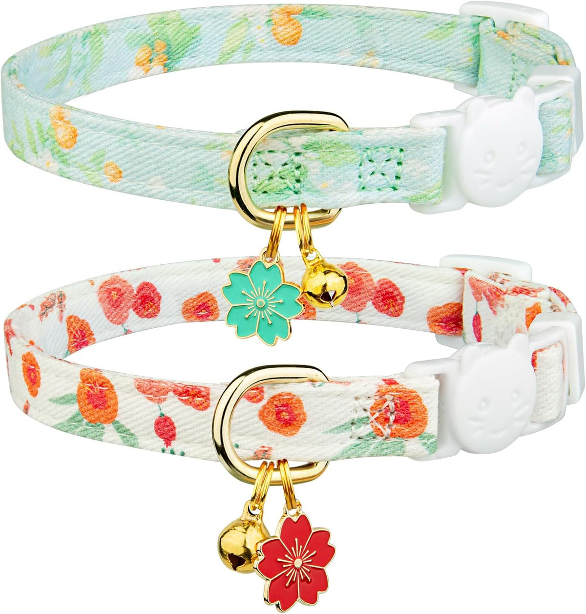 2 Pack Cotton Cat Collar Pink Strawberrie White Heart Cute Kitten - Green&Red