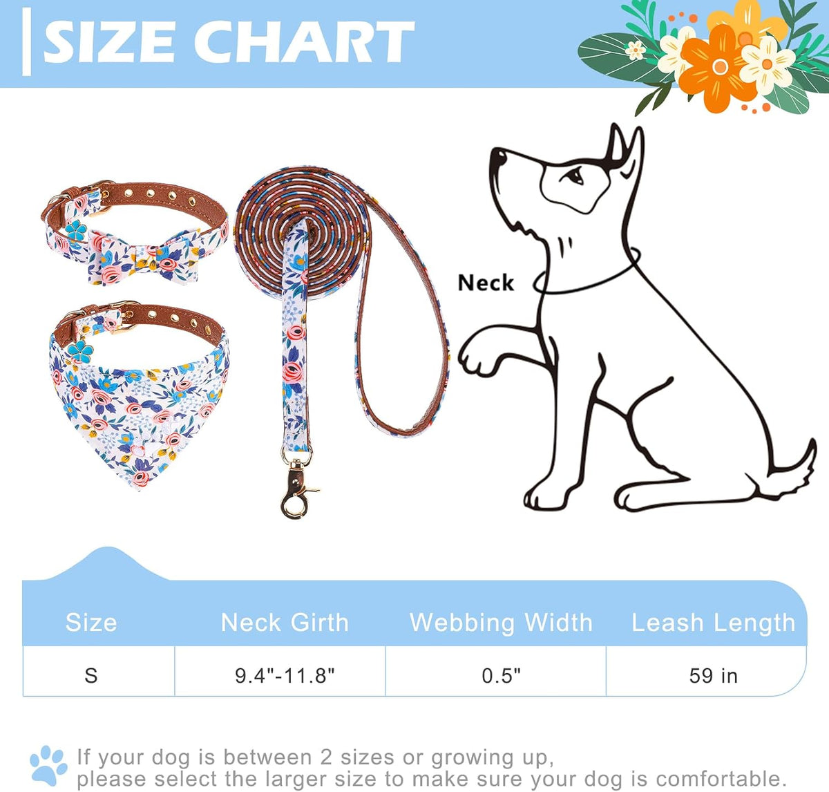 Dog Collar and Leash Set - Embroidery Floral Dog Bow Tie and Bandana Collar with Bell, Cute Flower - Flower Blue / Small - image 2