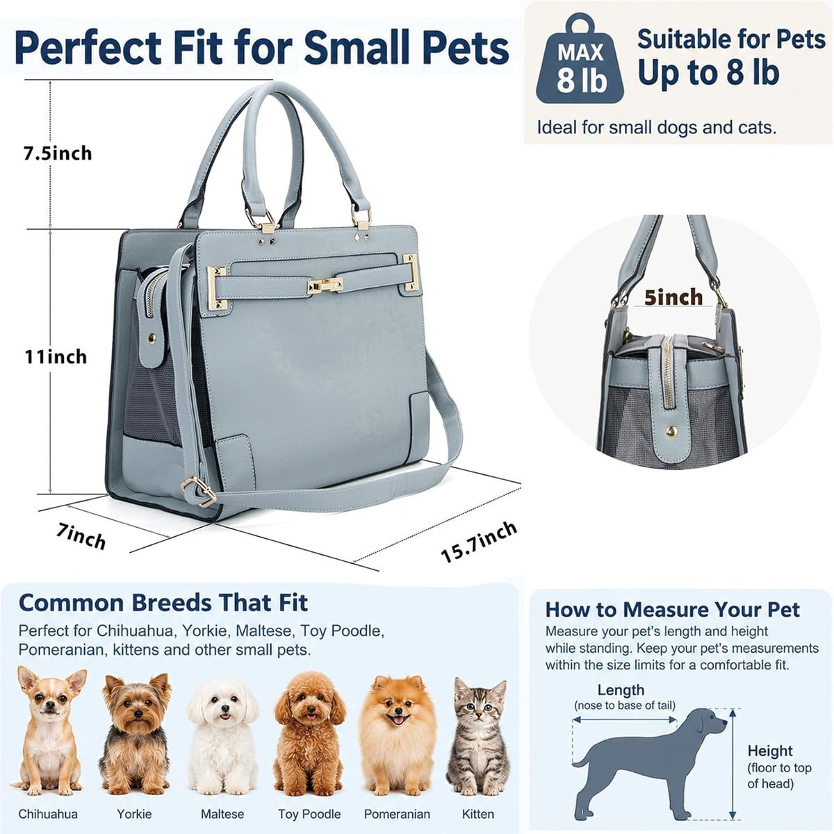 Fashion Pet Carrier Dog Cat Carrier Purse Soft-Sided Leather Handbag - Grey - image 2