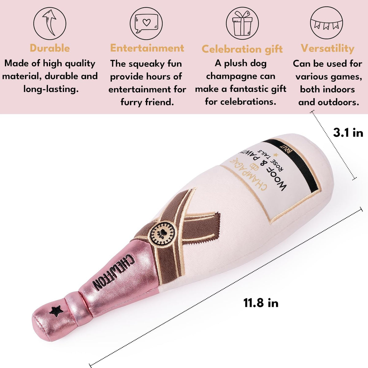 CHEWFFON Dog Toy, Interactive Champagne Shape Squeaky Toy for Boredom – Essentials for Dogs - Pink Champagne Bottle - image 3