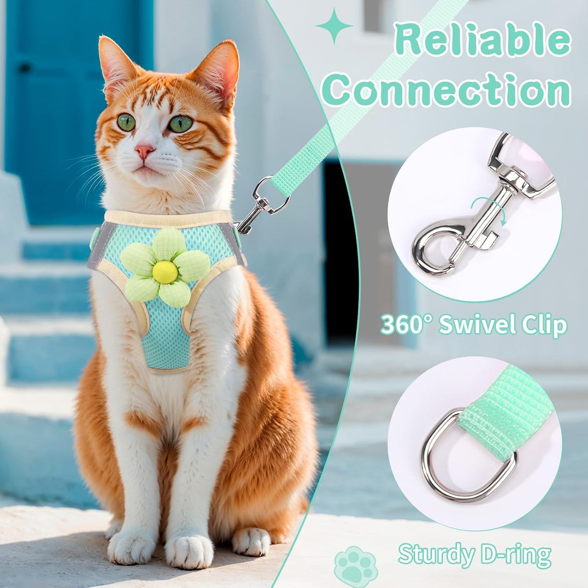 Cat Harness and Leash Set, Escape Proof Soft Vest Walk Pink XS – Essentials for Cats - Turquoise green / Extra Small - image 3
