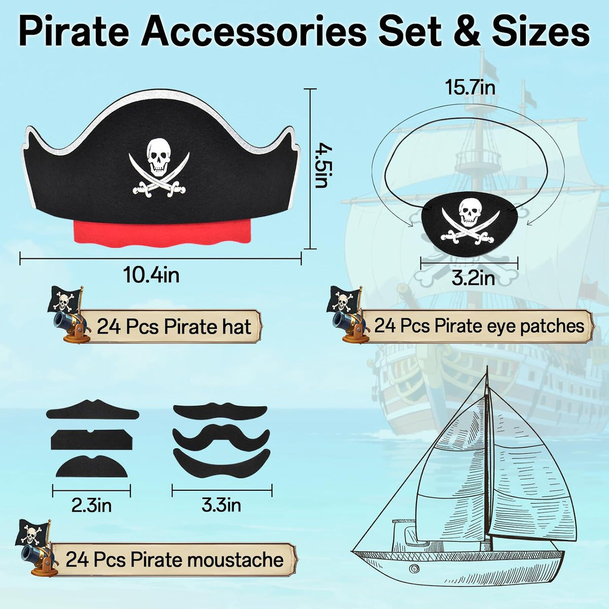 Halatool pirate party hat set with 6 felt hats, 6 skull eyepatches and 6 fake mustaches - view 18