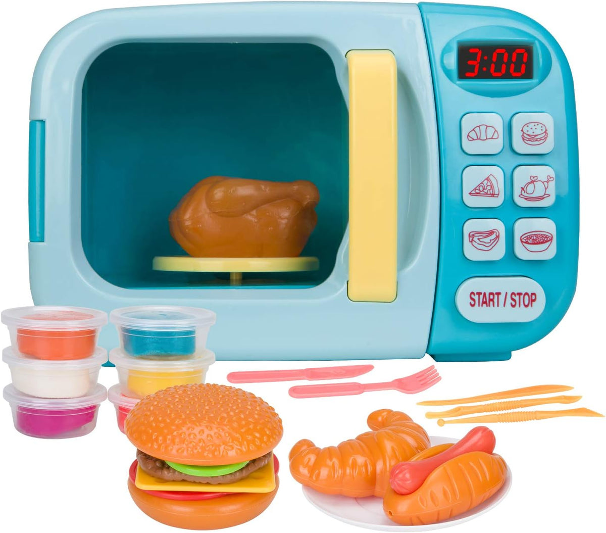 BoterLun toy microwave play set with light-up buttons, play food and colorful play dough - view 2