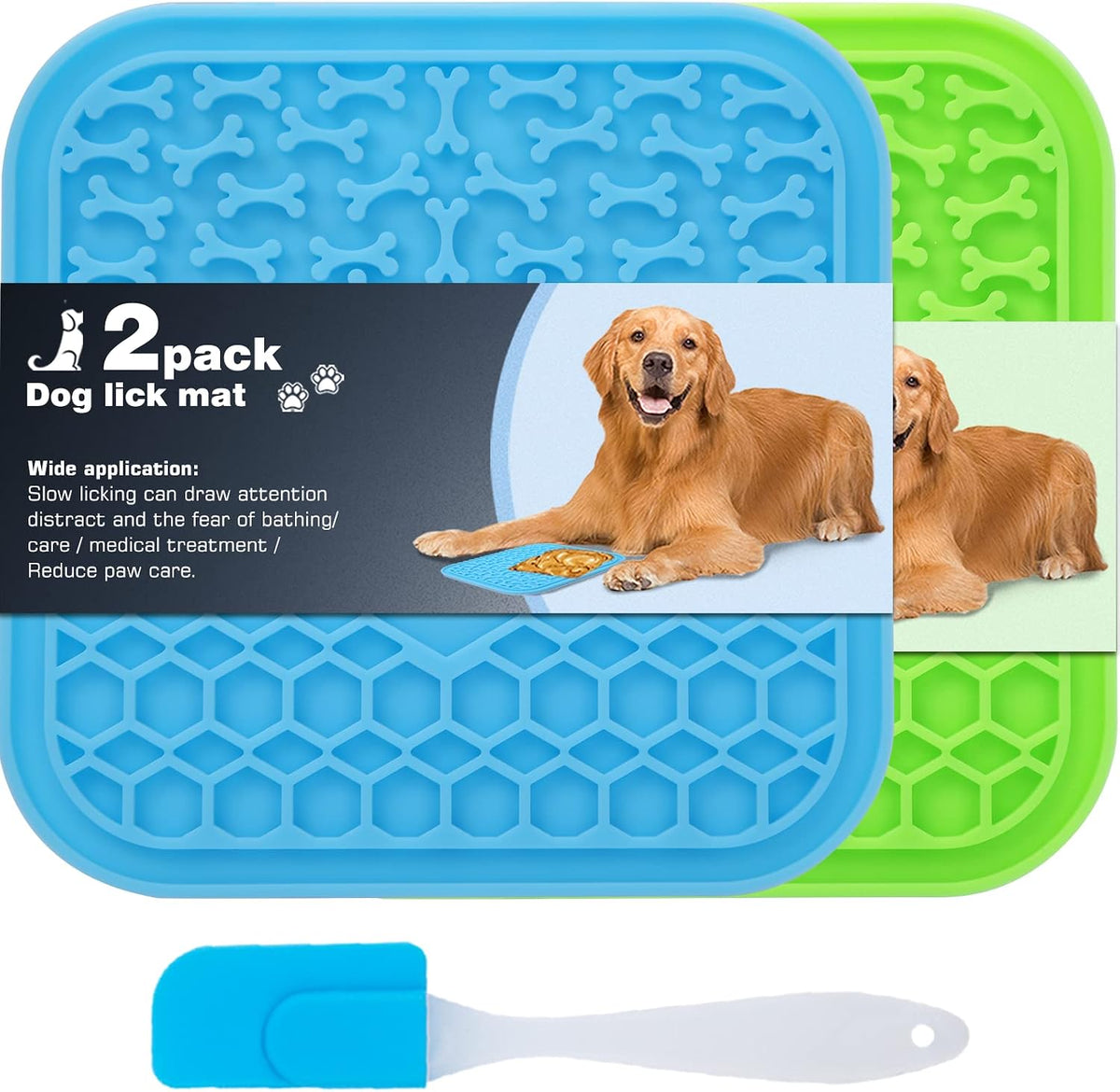 Lick Mat for Dogs - Slow Feeder Licking Mat with Suction Cups for Peanut Butter, Food Treats - 3 Piece Set / 2PCS Blue+Green