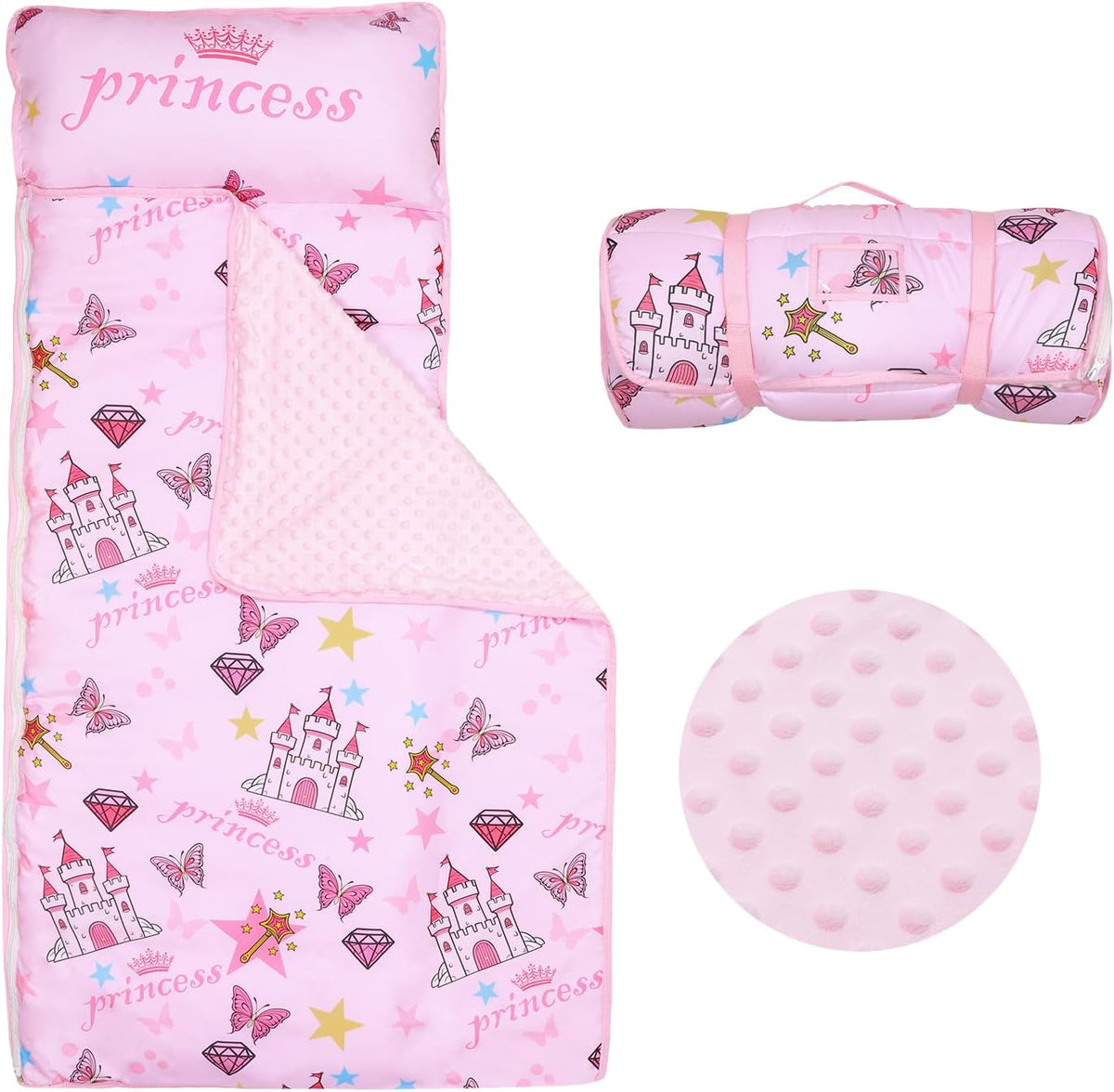 Kids Nap Mat Portable Slumber Bags with Removable Pillow and Blanket - Pink Castle