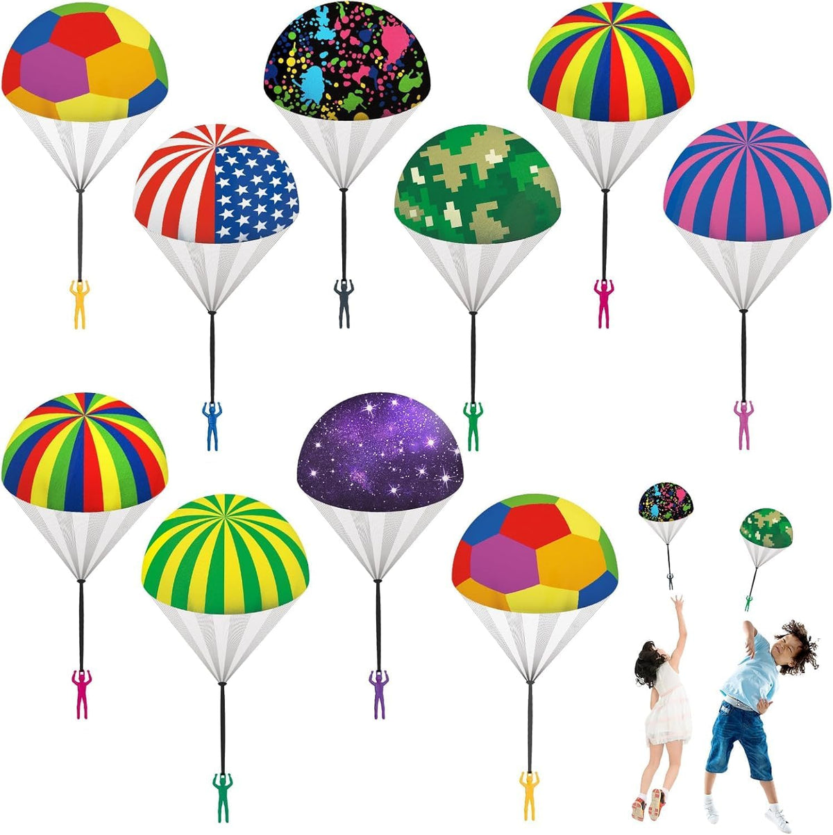 Ynybusi 10 pack parachute toys for kids with colorful patterned nylon canopies - view 3