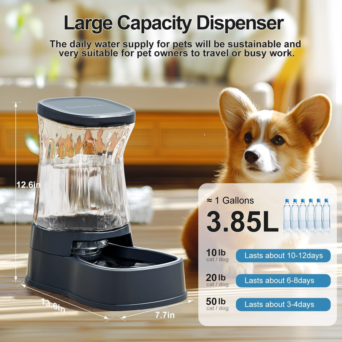 Automatic Dog Water Dispenser, Stainless Steel Bowls Feeder - Dark Grey / 1 Gallon - image 2