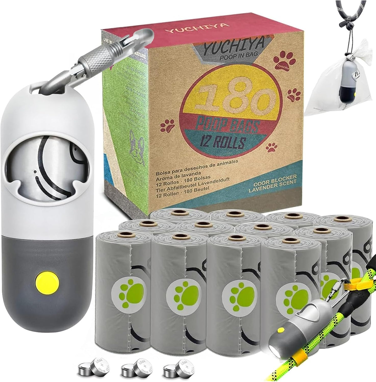 Dog Poop Bags Holder with LED Flashlight - Light Gray / 195 Count (Pack of 1)