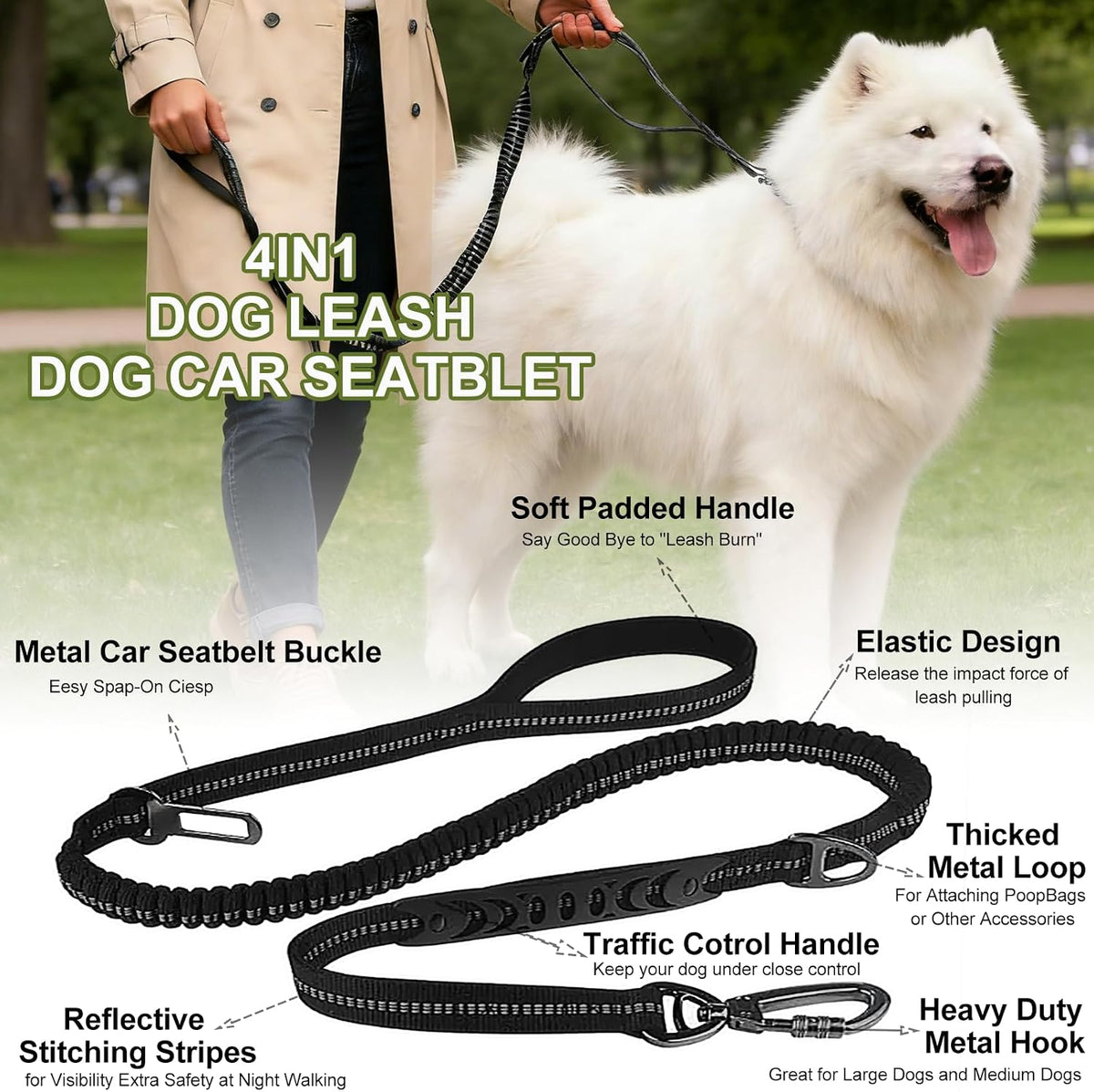 Dog Leash Heavy Duty, Bungee Leash Reflective Car Seat Belt for Dogs Brown – Essentials for Dogs - Black - image 3