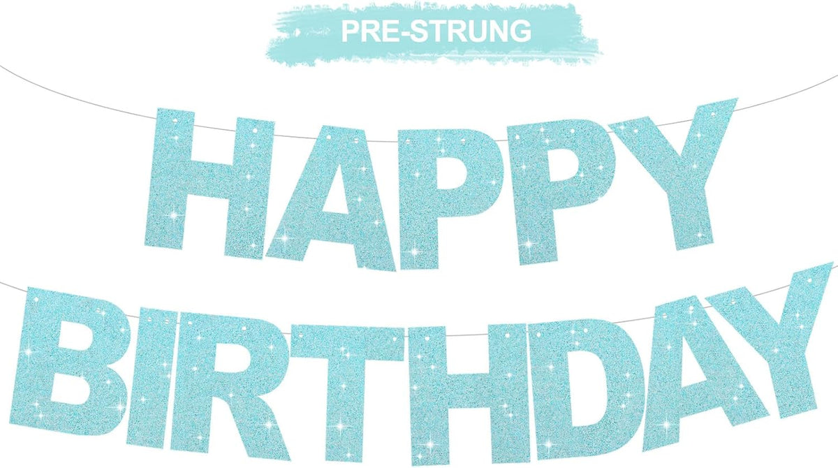 BEISHIDA Pre-Strung Glitter Pink Happy Birthday Banner Party Sign - Light Blue