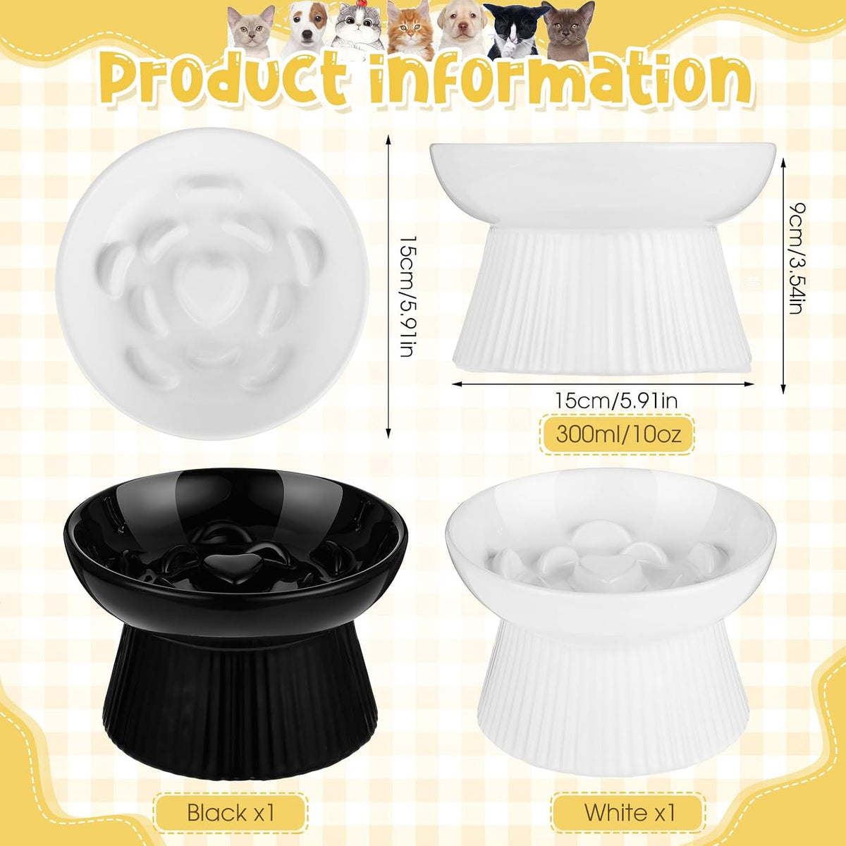 Tioncy 2 Pcs Ceramic Elevated Slow Feeder Cat Bowl - Black, White / 2 - image 2