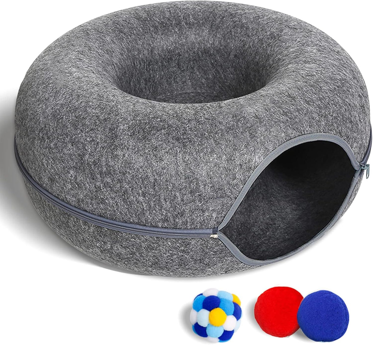 Large Cat Tunnel Bed for Indoor Cats with 3 Toys - M(20x20x9) / Dark Grey