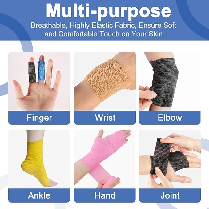 LDIWEE 24 Pack Self Adhesive Bandage Wrap, 2" X 5 Yards Cohesive Bandage Wrap Medical Tape Elastic Vet Wrap Grip Tape for First Aid, Sports, Ankle, Wrist Sprains, Dog