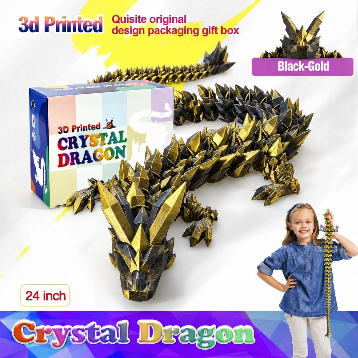 24 inch Large 3D Printed Dragon Glow in the Dark in Halloween – Fun for Kids & Family - Black Gold / 24 inch - image 4