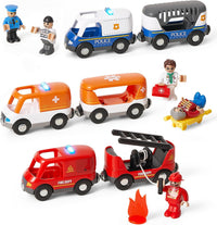 Giant bean 72PCS Fire Station Wooden Train Track Electric Train Set – Fun for Kids & Family - Rescue Train Car Set