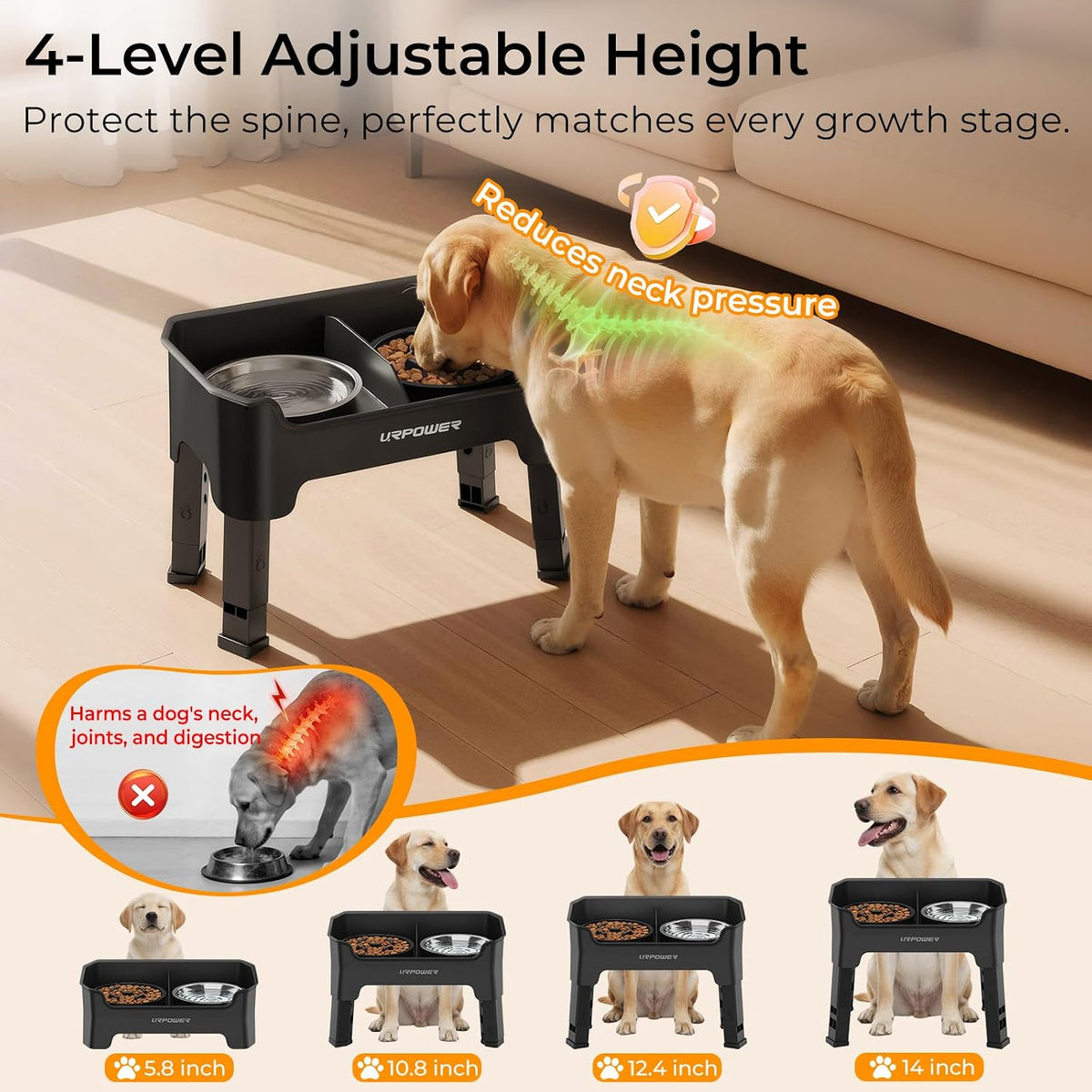 URPOWER Mess Proof Elevated Dog Bowls 4 Height Adjustable Raised Stand – Essentials for Dogs - Matte Black / Large - image 2