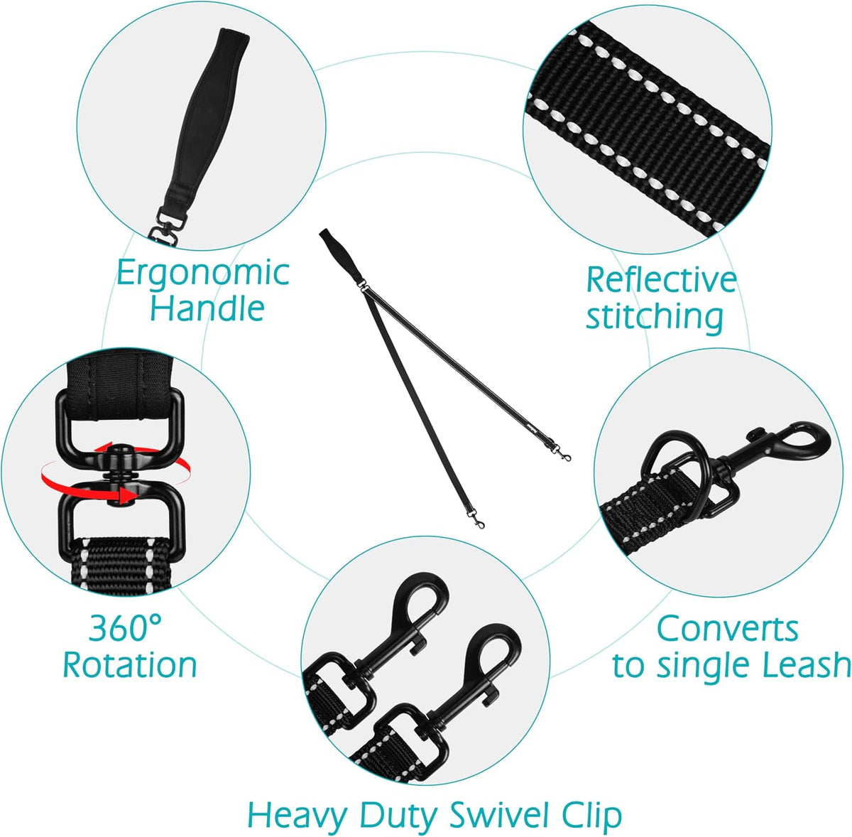 Two Point Control Dog Leash, No Tangle Training Walking Leashes – Essentials for Dogs - Black - image 3