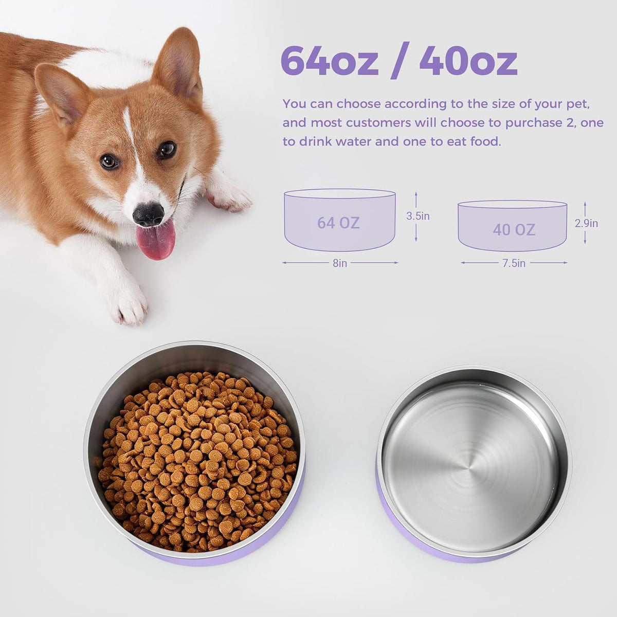 Dog Bowl, Stainless Steel Food and Water Bowl - 40 oz / Light Purple - image 2