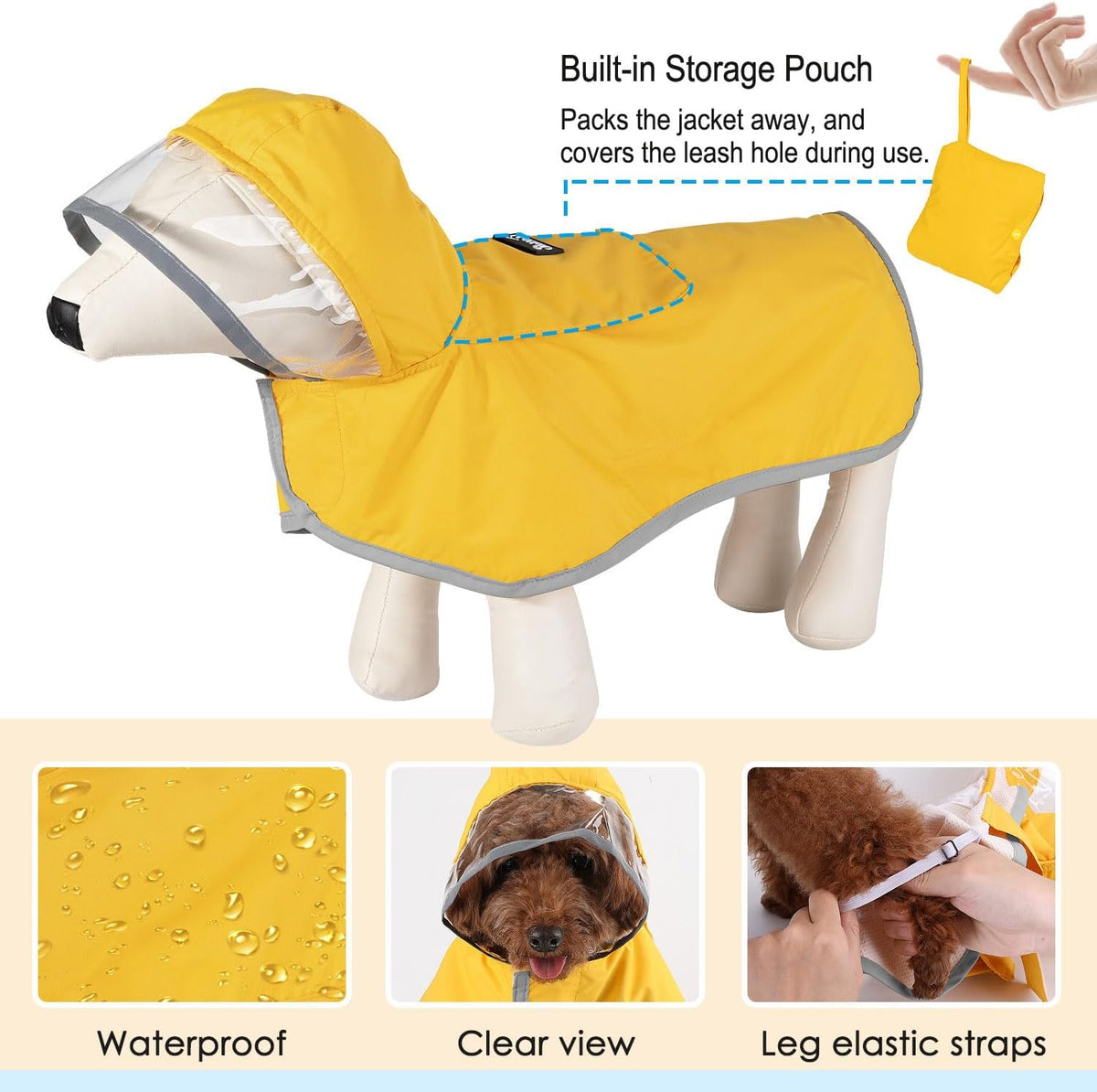 Lukovee Dog Raincoat, Waterproof Jacket with Clear Hood & Leash Hole, M – Essentials for Dogs - A-Yelllow / Small - image 3