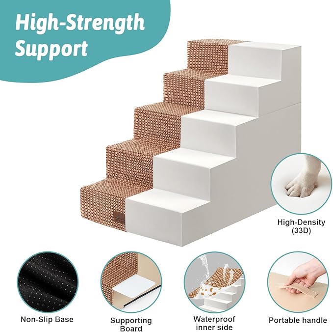 Dog Stairs for Small Dogs, 5 Tier Removable Wider Pet Stairs for Couch and Bed, 23.6" H Non-Slip Dog Steps for Puppies and Old Cats with Support Board, 29.5x19.7x23.6 inch, Light Brown