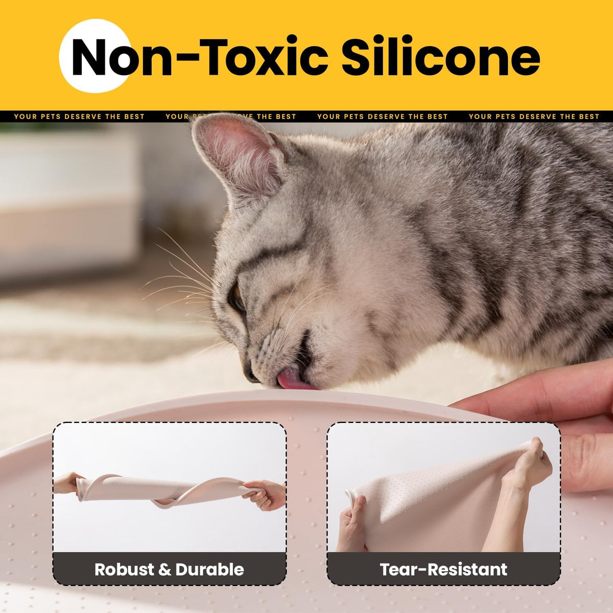 Conlun Dog Food Mat,1/2 Inch Raised Edges Cat Feeding Mat for Spill Containment,BPA-Free Silicone - 32"L x 32"W / Natural Tan - image 3
