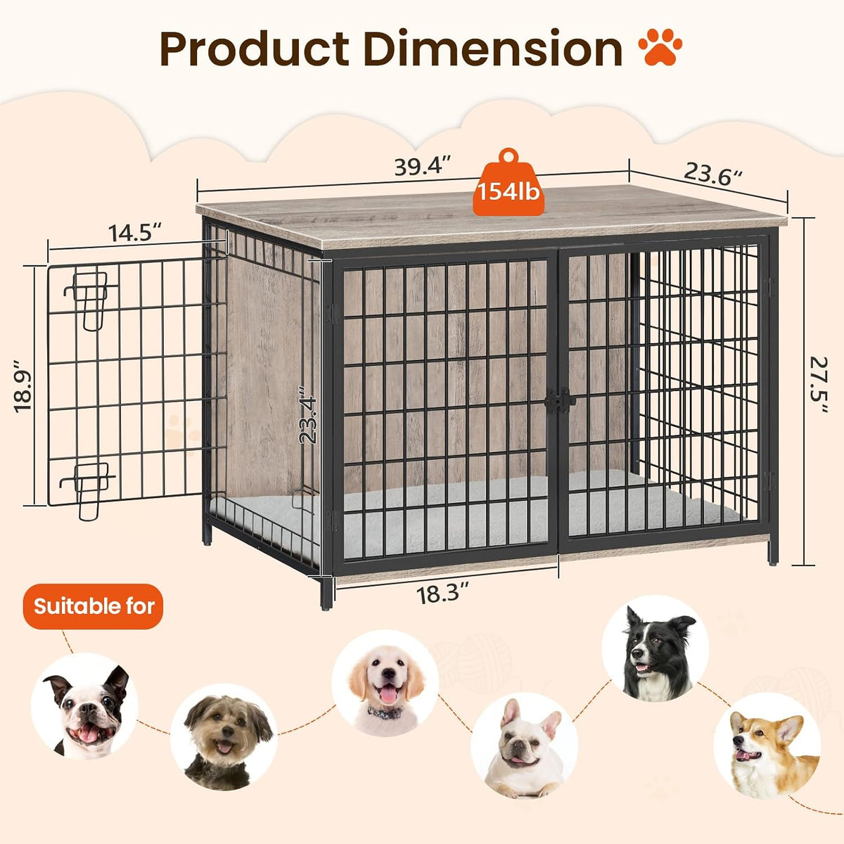 MAHANCRIS Dog Crate Furniture with Cushion - 39.4"L x 23.6"W x 27.5"H / Greige - image 3