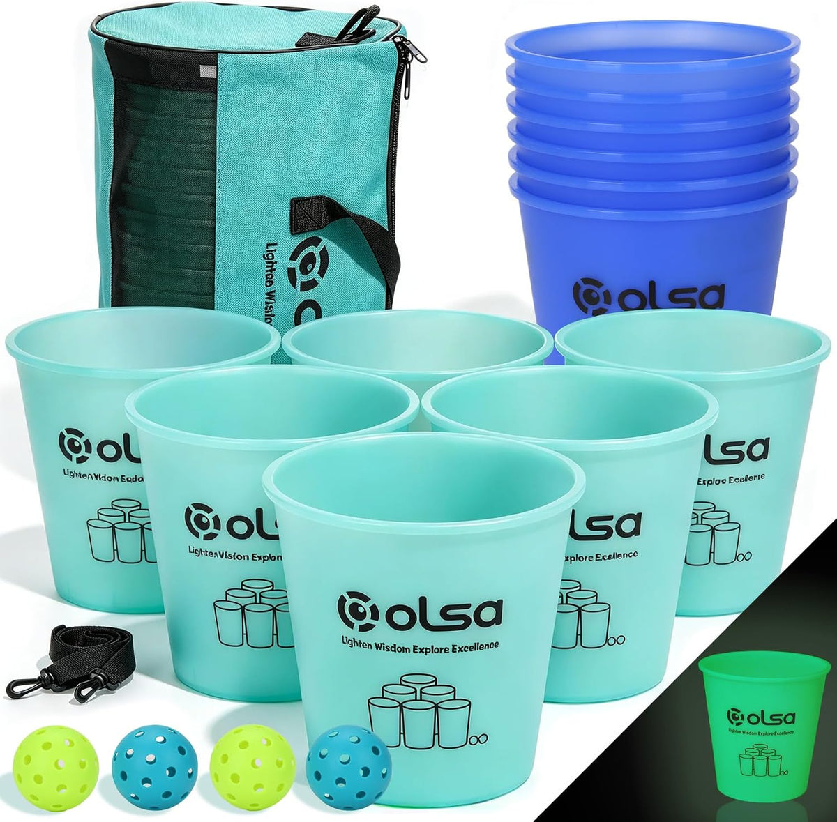 Olsa giant yard pong outdoor game with 12 plastic buckets, 4 balls and carry bag