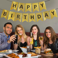 Happy Birthday Banner,Pre-Strung Black and Gold Party Decorations，16ft Pre-Strung Hanging Sign - gold-black - image 4