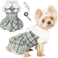 Dog Sweater with Leash Set D Ring Plaid Fleece Dog Clothes for Small - Small (Chest 15in ) / Turquoise with Leash