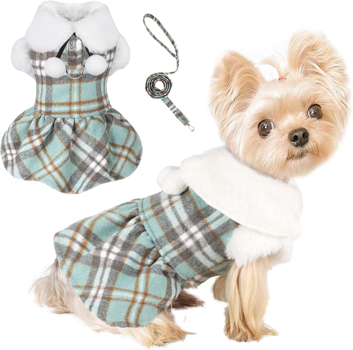 Dog Sweater with Leash Set D Ring Plaid Fleece Dog Clothes for Small - Small (Chest 15in ) / Turquoise with Leash