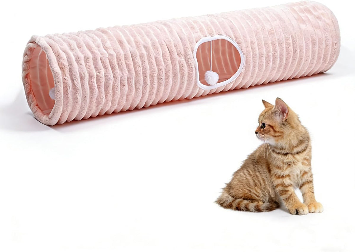 Luxurious Cat Tunnel,43" Straight Cat Tunnel Toys with Balls for Indoor,Collapsible Peekaboo Cave - Pink Stripe
