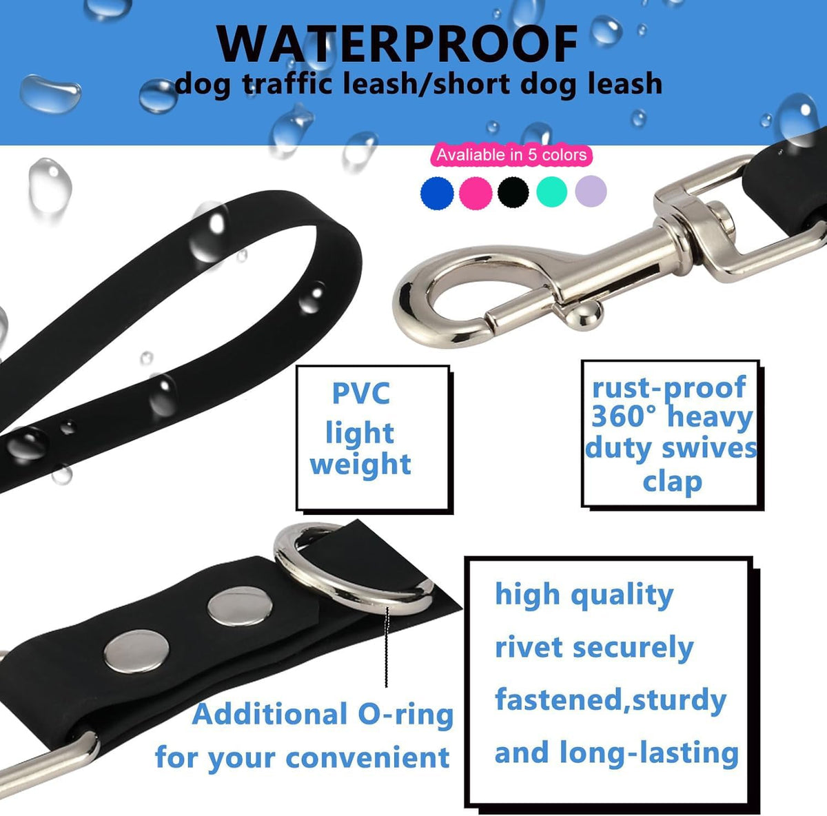 Short Dog Leash - 9 Inch Dogs Lead Grab Tab Heavy Duty Waterproof PVC Dog Training Traffic Leashes - 9'' / Pink - image 3