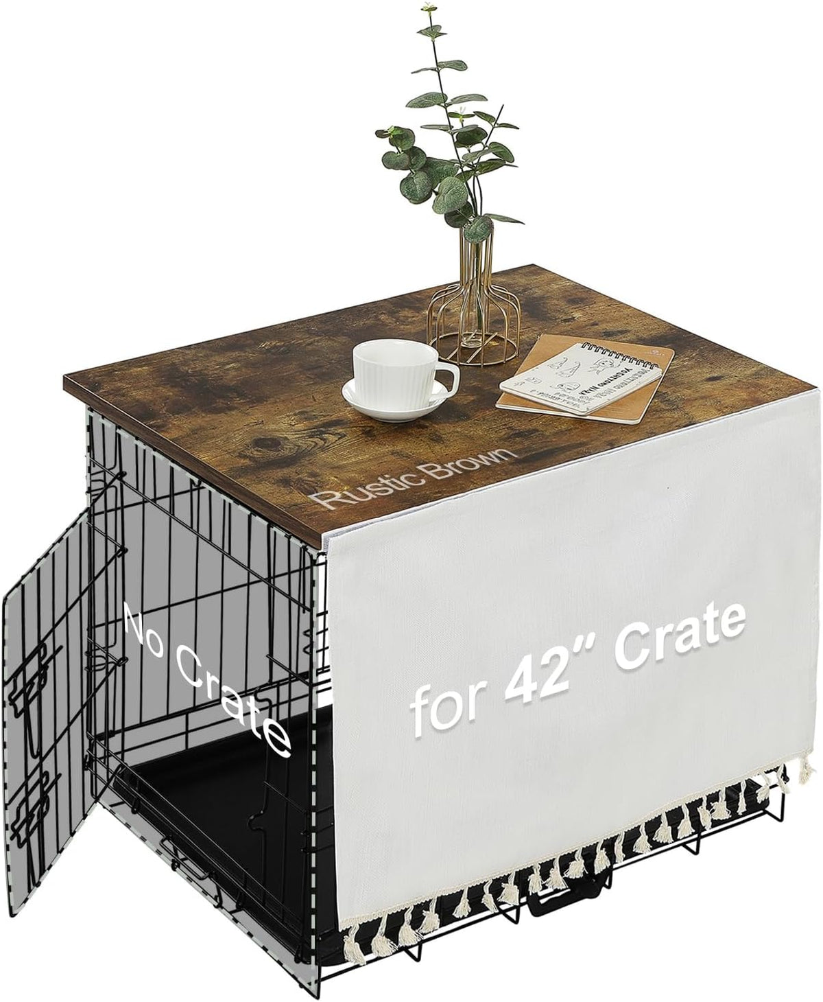 Dog Crate Topper Wood with Tassel Curtain for 36 inch Crate – Essentials for Dogs - 42 inch / Rustic Brown