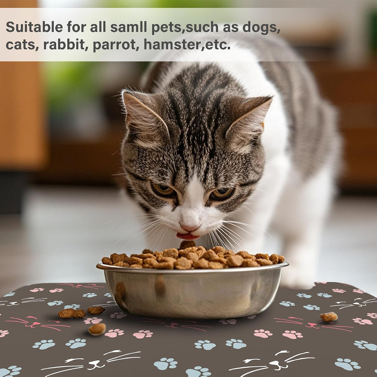 Patterned Cat & Dog Bowl Mat for Food and Water - Small (12" x 20") / Dark Brown-catpaw - image 3