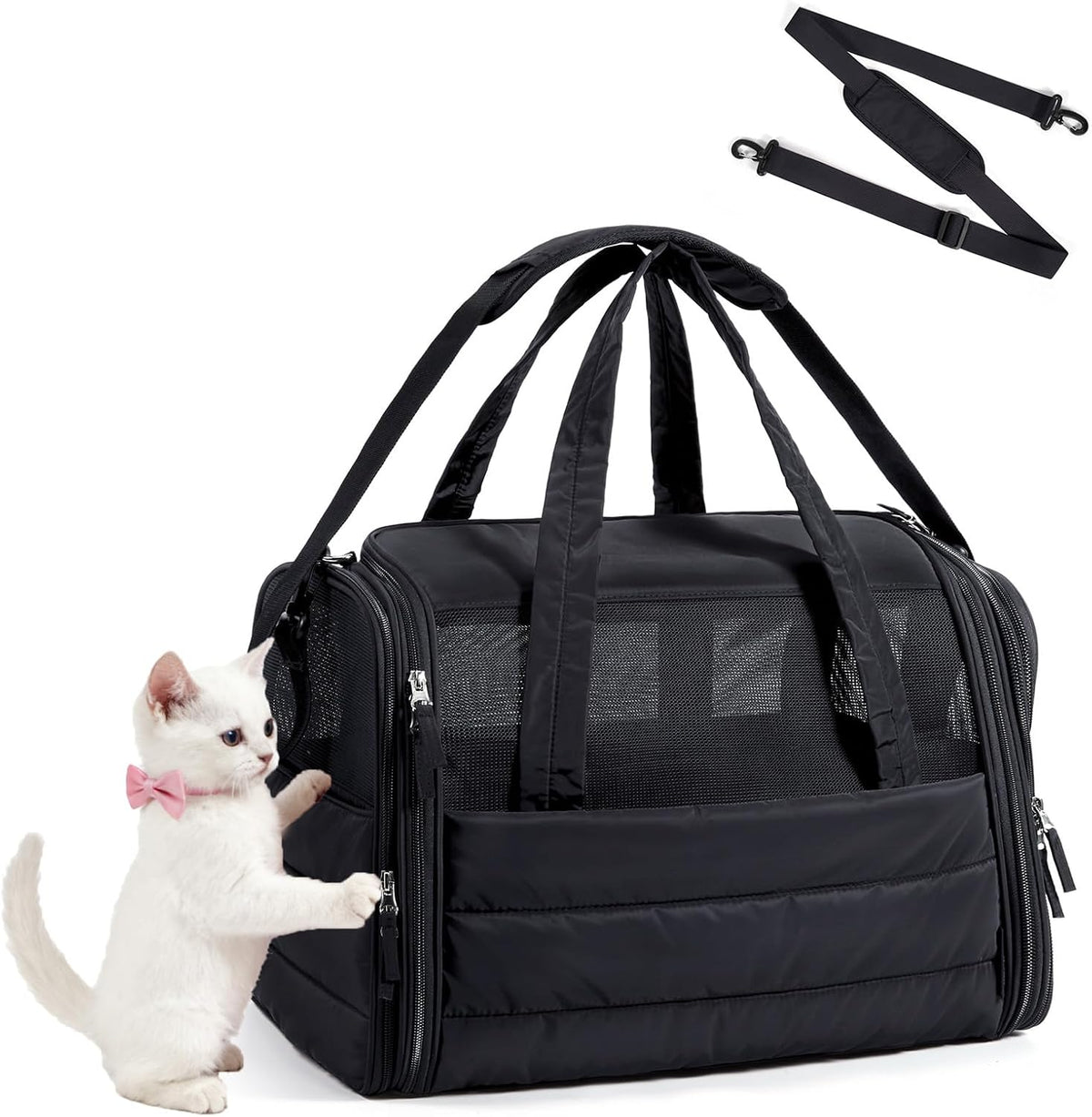 BAGSMART Cat Carrier Soft-Sided Puffy Quilted Collapsible Pet Travel - Black / 18.1"L x 11.0"W x 11.0"H