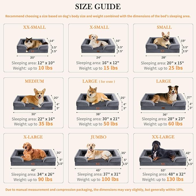 Comfort Expression Dog Beds for Extra Large Dogs, Waterproof Orthopedic Dog Bed Jumbo Breed, PV Washable Dogs Sofa with Removable Cover & Non-Slip Bottom(Dark Grey)