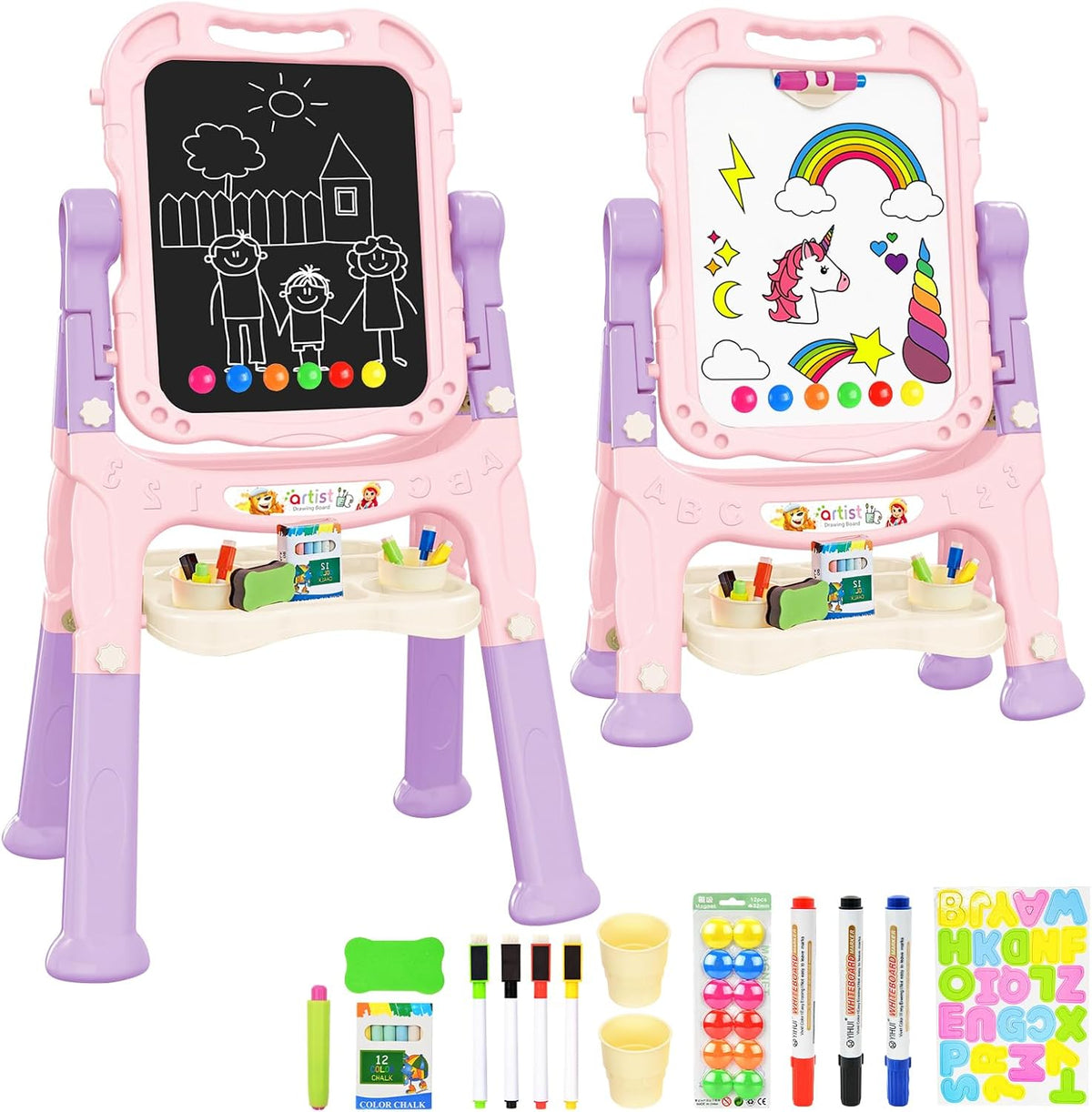 Kids Art Easel, Adjustable Drawing Whiteboard & Chalk Board