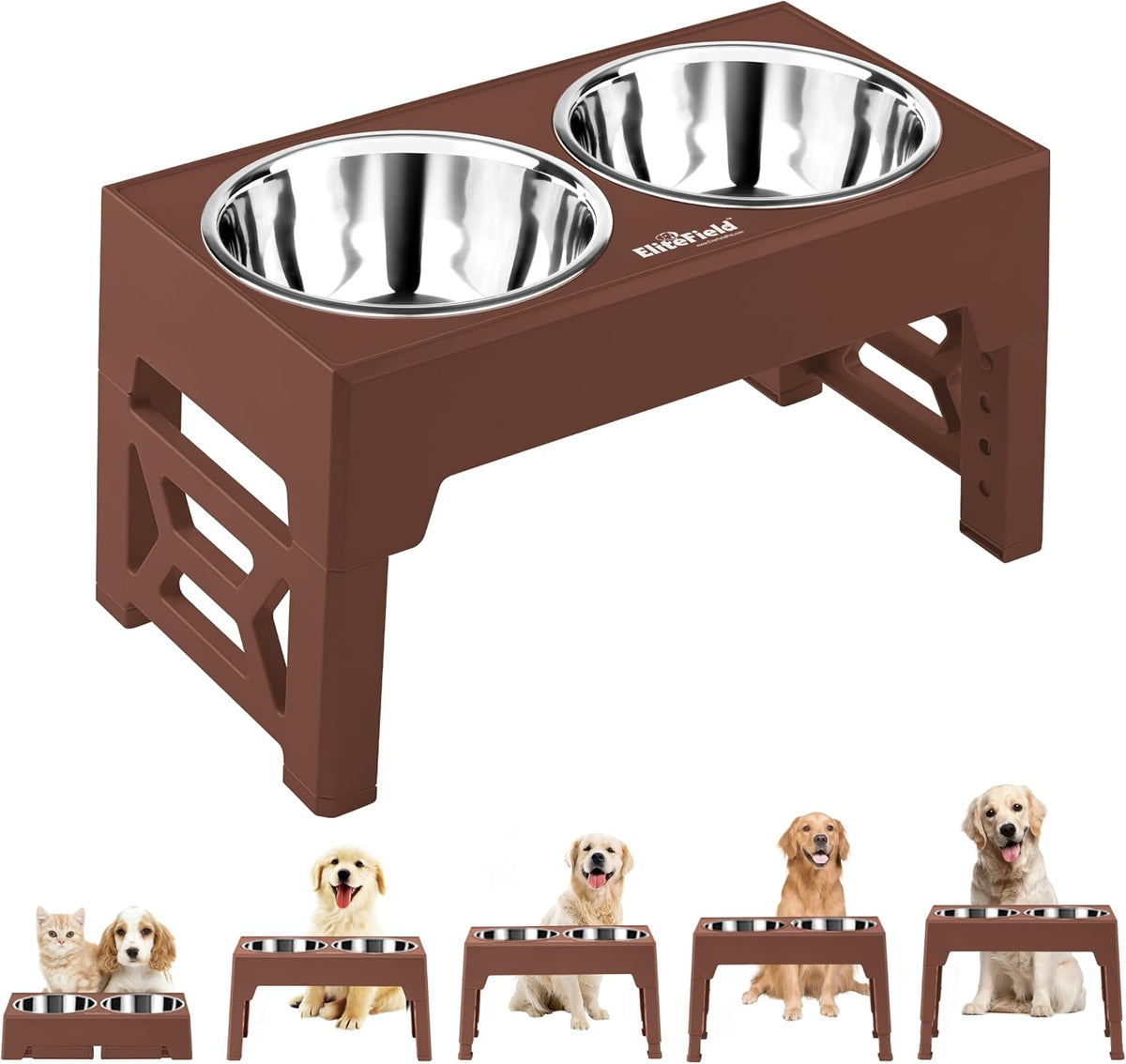 EliteField Elevated Dog Bowls - 2 Stainless Steel Bowls / Brown