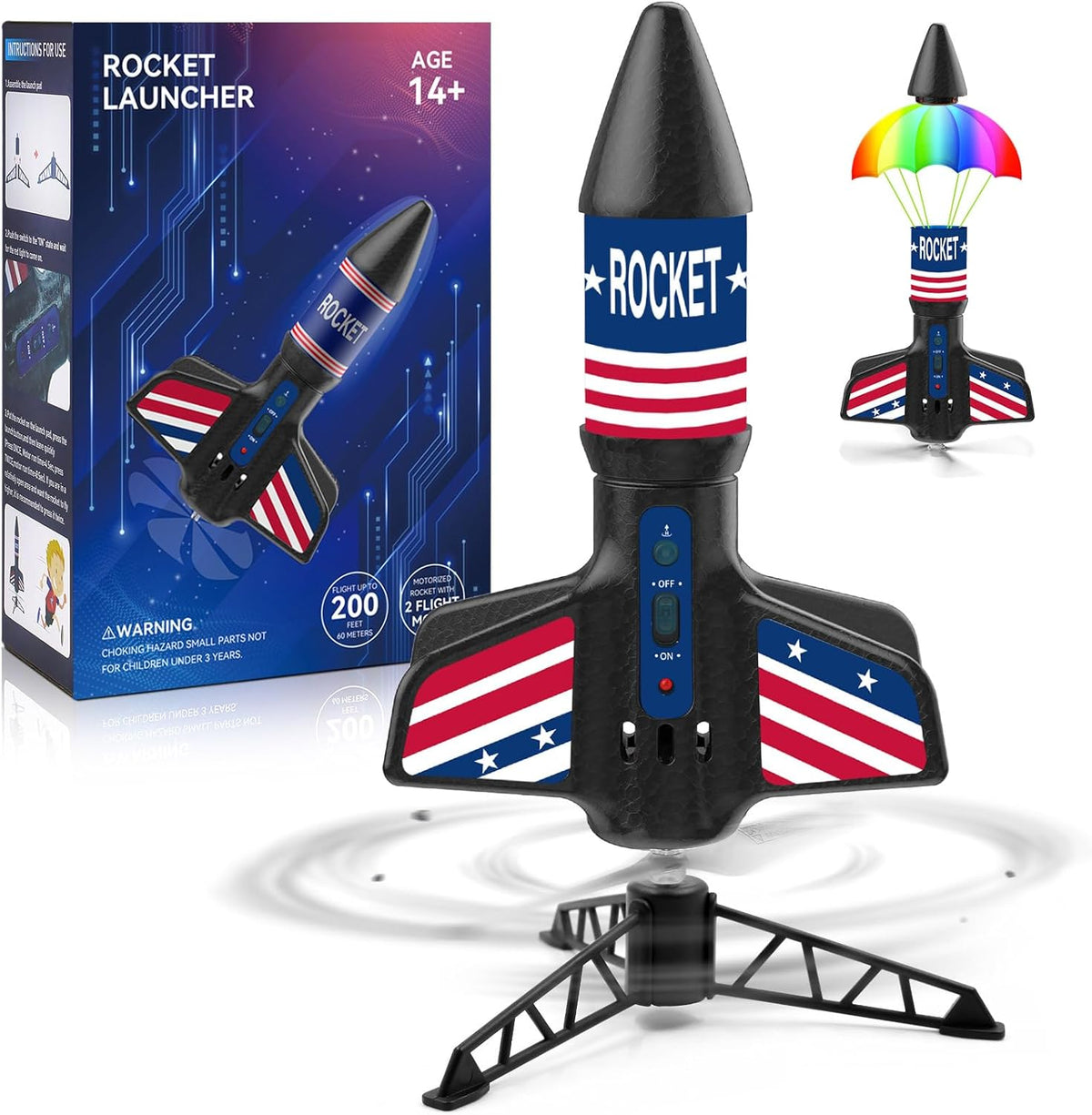 Rocket Launcher for Kids - Self-Launching 200 ft Motorized Outdoor Electric Play Toy, High Flying - Dark Blue