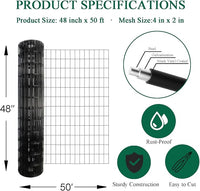 Black PVC Coated Welded Wire Fence 48 Inch x 50 Foot, 2 Inch x 4 Inch 14GA, Garden Border Fencing Roll Vinyl Coating Metal Wire Mesh Hardware Cloth for Yard Vegetable Plant Protection