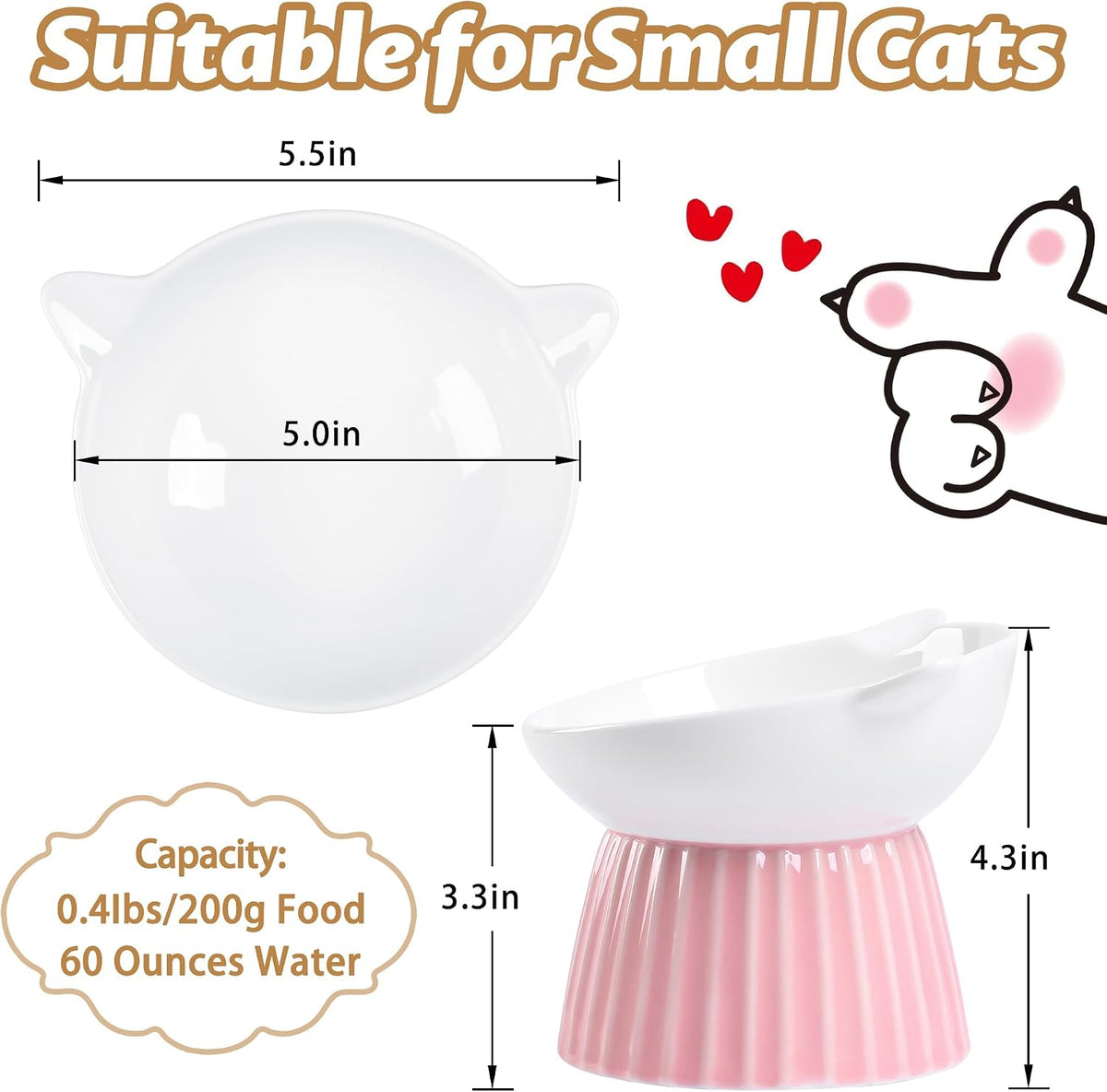 Ceramic Raised Cat Bowl，Tilted Raised Cat Bowl Anti Vomit Cat Bowls - Pink - image 2