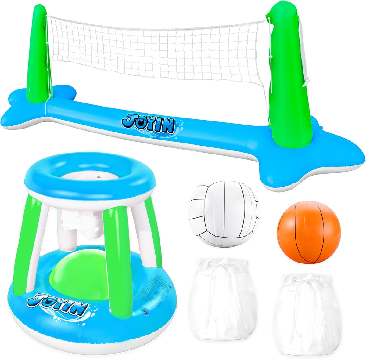 JOYIN Inflatable Pool Float Set Volleyball Net & Basketball Hoops - Green Blue / Large