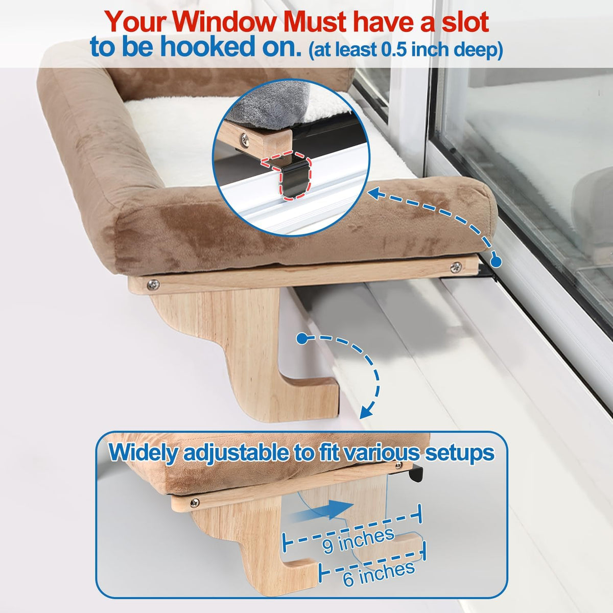 Zakkart Cat Perch for Windowsill with Bolsters – Essentials for Cats - Dark Stained Wood with Brown Bed / 24''L x 15''W - image 2