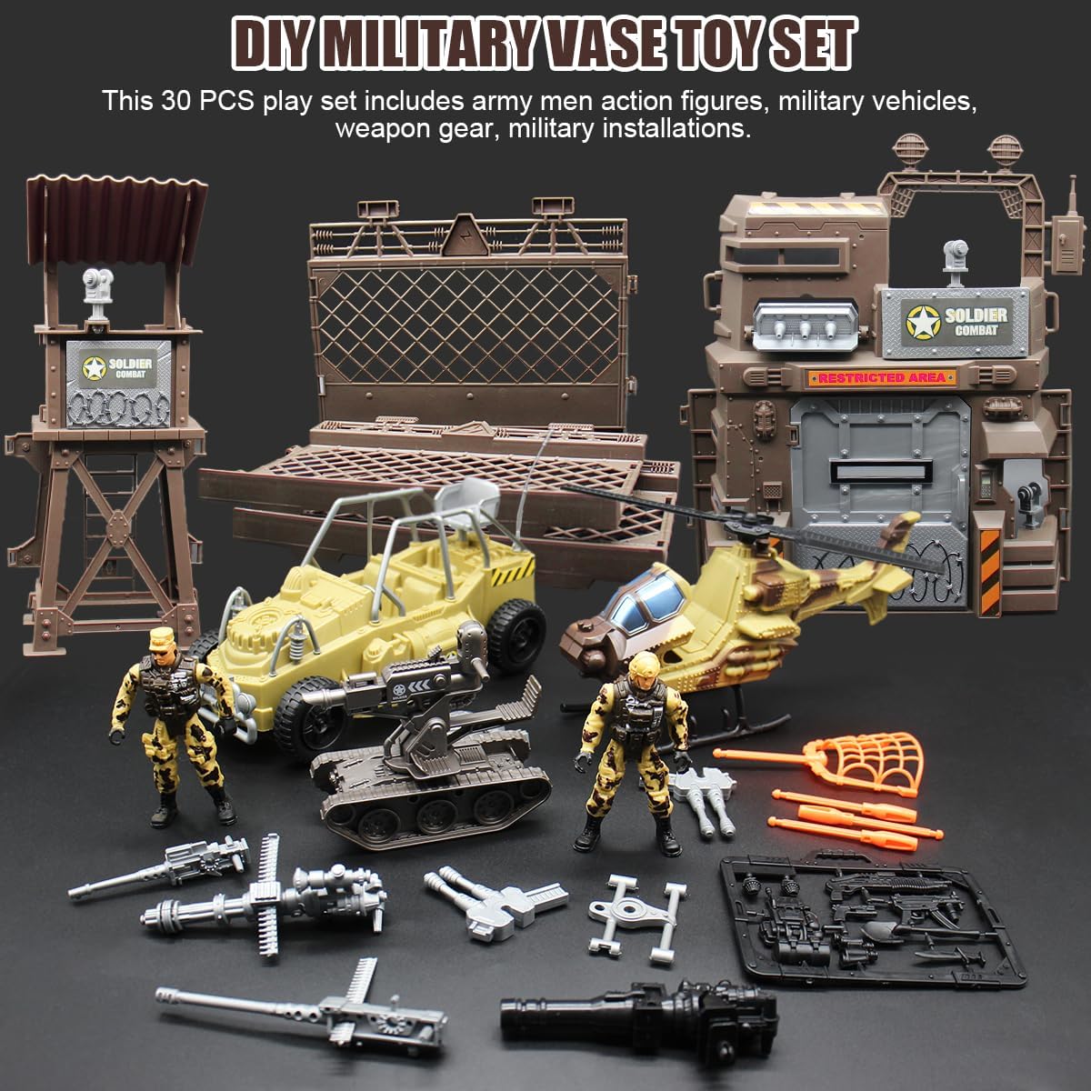 Fisca 30-piece army men playset with truck, tank, helicopter and watchtower - view 2