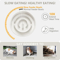 Ceramic Slow Feeder and Water Bowl Set for Small Dogs, Ceramic Dog Bowls Elevated with Wooden Stand, 0.6 Cups Dog Slow Feeder(14oz) and 30oz Water Bowl Set, White
