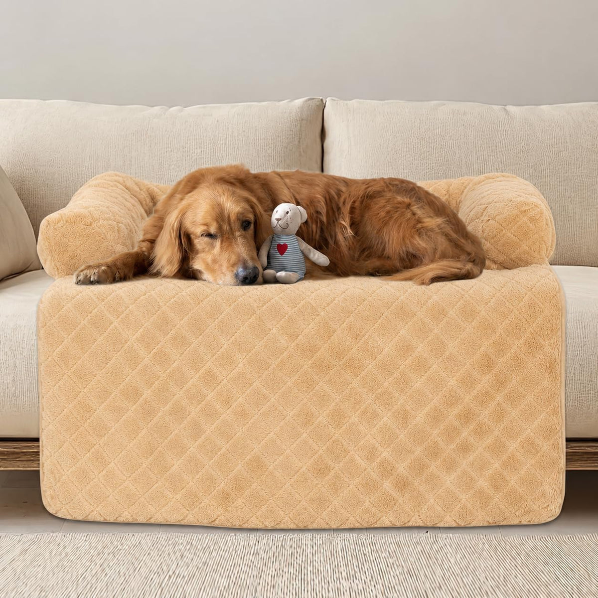 PAWBOSE Dog Couch Bed, Plush Sofa Mat, Washable Cover - khaki
