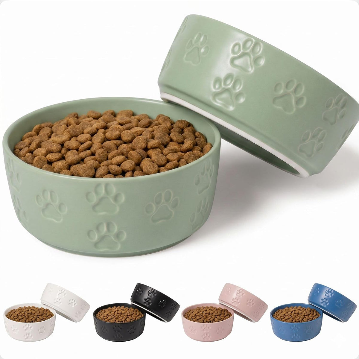 Ceramic Dog Bowl Set of 2 with Anti-Skid Base, 5.5"W x 2"H - Small / Sage Green