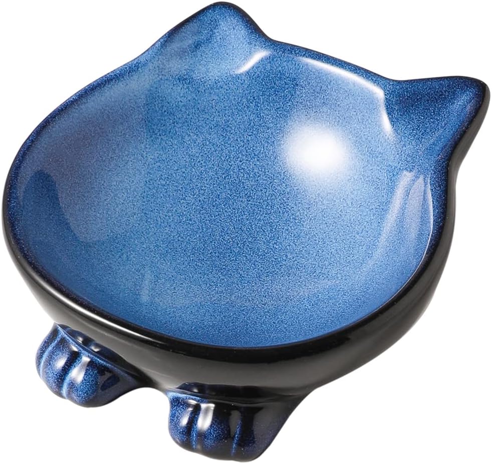 Nihow Ceramic Basic Cat Bowls: 5 Inch Cat Bowl for Food & Water – Essentials for Cats - 4.25 OZ / Blue & Black